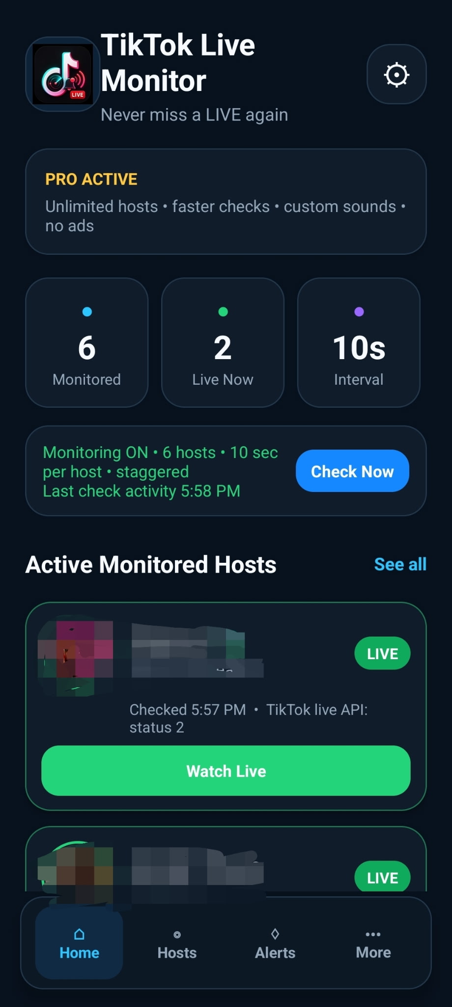 TikTok Live Monitor Home screen showing active LIVE hosts and monitoring controls